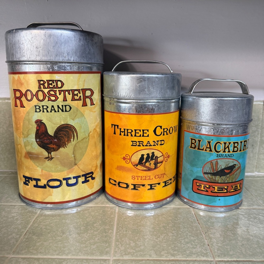 Set of 3 Galvanized Metal Kitchen Canisters Red Rooster Three‎ Crow Blackbird